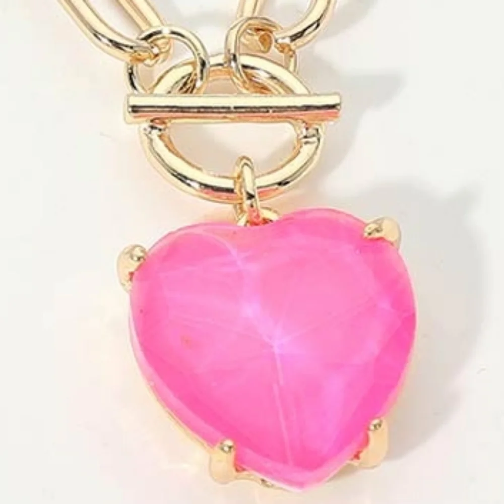 Neon Fuchsia Heart Toggle Paperclip Link Crystal Pendant Necklace Jewelry Chain